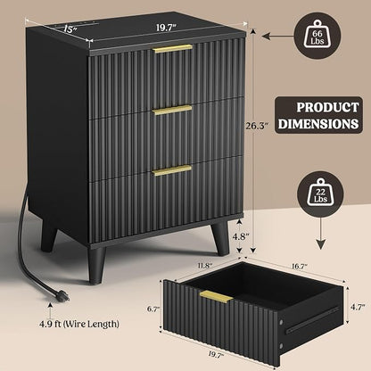 Lulive Wood 3 Drawers Dresser Fluted Night Stand with Charging Station, Natural Nightstand 3 Storage Drawers Dresser Modern Side Table, Bedside Table for Bedroom
