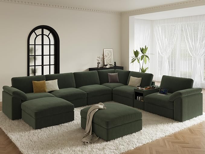 EASE MOOSE Oversized Sectional Modular Sofa with Console,Comfty Deep Seat Modular Cloud Couch,Large v Shape Sectional Couch Removable Cover,Green