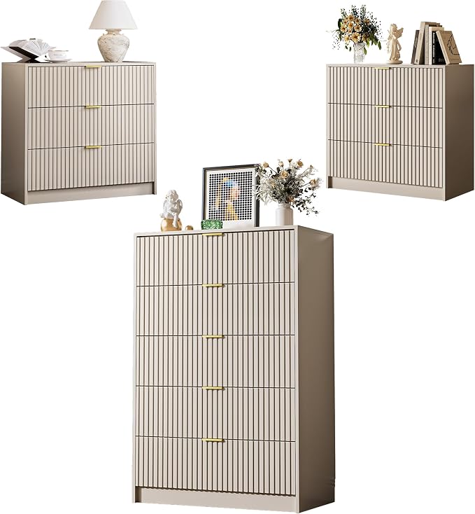MAISONARIA 3-Piece Dresser Bedroom Set, 5 Drawer Dresser & 3 Drawer Nightstands with Gold Handles, Fluted Wood Chest of Drawers for Bedroom, Living Room, Entryway, Beige
