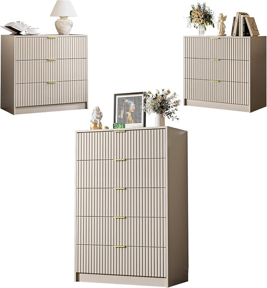 MAISONARIA 3-Piece Dresser Bedroom Set, 5 Drawer Dresser & 3 Drawer Nightstands with Gold Handles, Fluted Wood Chest of Drawers for Bedroom, Living Room, Entryway, Beige