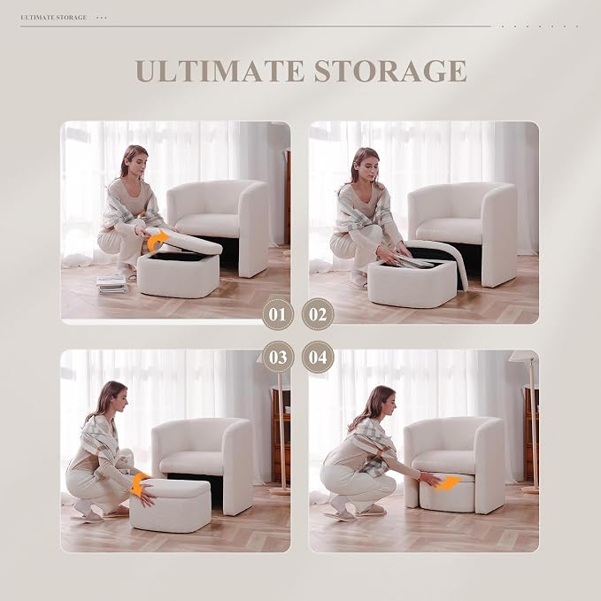 COLAMY Morden Velvet Barrel Accent Chair with Storage Ottoman Set of 2, Upholstered Living Room Side Chair, Single Sofa Armchair with Lounge Seat for Bedroom/Office/Reading Spaces, Cream