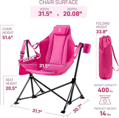 EVER ADVANCED Padded Oversized Hammock Camping Chair, Compact Heavy Duty Swing Chair with Multi-Storage Pockets, Portable Folding Rocking Camping Chair, Support Up to 400lbs, Pink