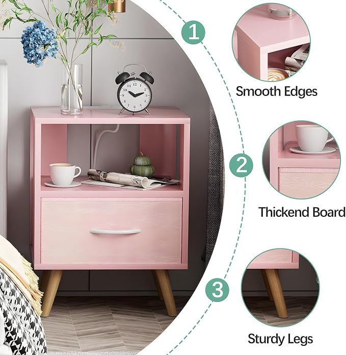 Aenuert Night Stand with Charging Station, Pink Kids Nightstand with Drawer, 2-Tier Nursery Bedside Table with USB Ports and Outlets, End Table for Small Space, Living Room, Bedroom