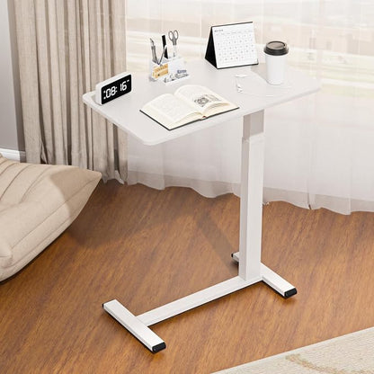 Ywin Medical Adjustable Overbed Bedside Table with Wheels, Rolling Standing Desk, Pneumatic Small Side Bed Table with Tray for Couch, Hospital, Home,Office Use (White)