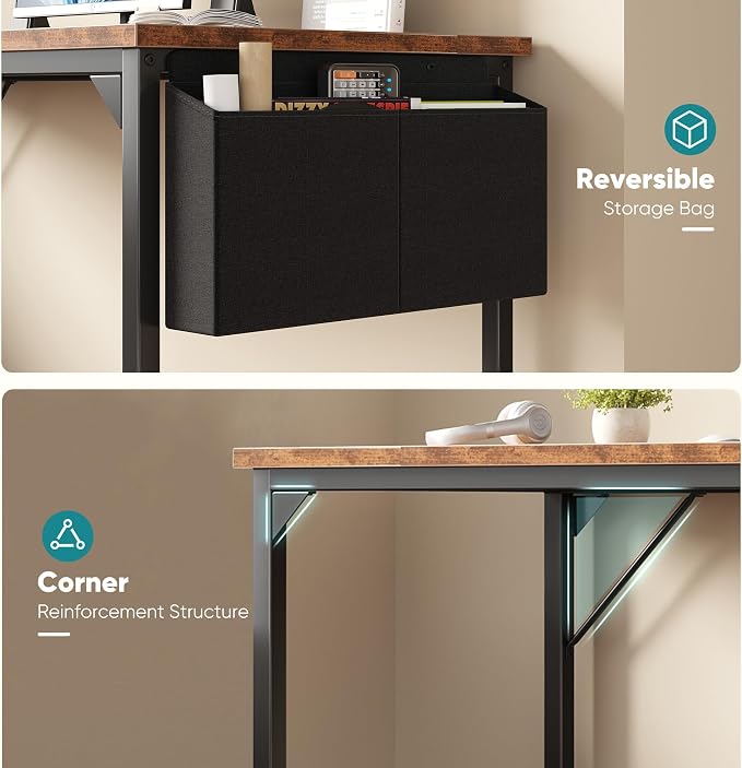 OLIXIS Computer Desk, 63 Inch Home Office Desks for Small Spaces, Writing Craft Study Gaming Table for Bedroom, Modern Computer Workstation with Storage Bag, Rustic Brown