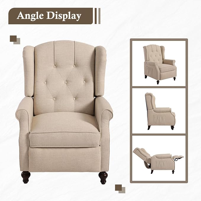Wingback Recliner Chair with Massage and Heat Tufted Fabric Push Back Arm Chair, Recliner Chair for Living Room Bedroom Home Theater (2,Beige)