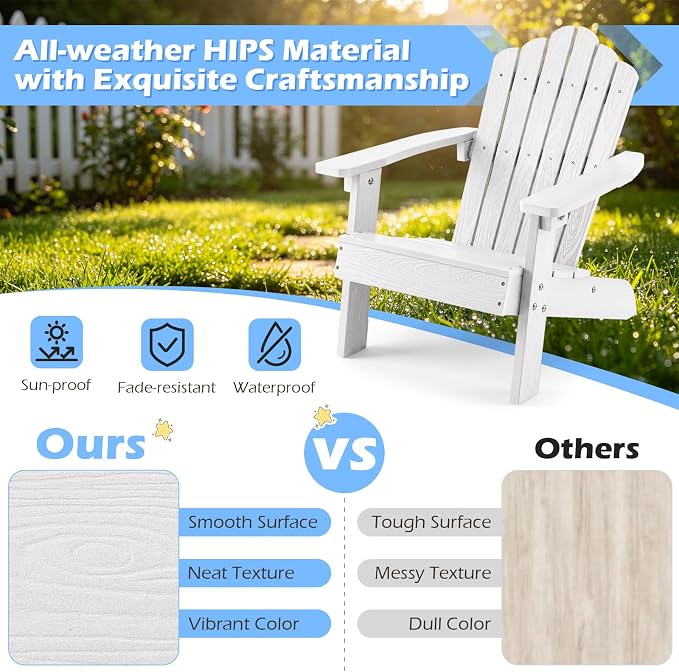 Costzon Kids Adirondack Chair, All-Weather HIPS Toddler Outdoor Chair, Wooden Textured Plastic Fire Pit Chair, Kids Patio Chair for Backyard Lawn Garden, Fits Children Age 3-7 Years (1, White)
