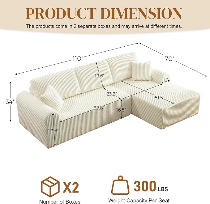 110" L Shaped Boneless Sectional Couches for Living Room, Comfy Corduroy Floor Cloud Sofa with Chaise, Wide Armrest, Deep Seat, Memory Foam, Assembly Free, Ideal for Small Spaces, Beige