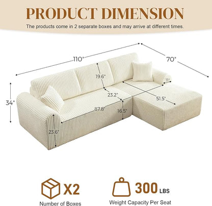 110" L Shaped Boneless Sectional Couches for Living Room, Comfy Corduroy Floor Cloud Sofa with Chaise, Wide Armrest, Deep Seat, Memory Foam, Assembly Free, Ideal for Small Spaces, Beige