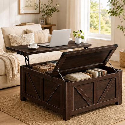 Simple Deluxe Lift Top Coffee Table with Storage, 35.5" Square Coffee Tables for Living Room, Farmhouse Coffee Table with Power Outlets, Coffee Tables with Lifting Top for Living Room (Brown)