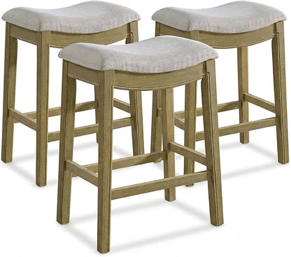 ROME + OAK Set of 3 Parker 26 Inch Counter Stool, Backless Saddle Kitchen Barstool in Natural Finish with Cream Fabric Upholstery Cushion Seat