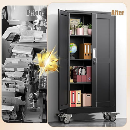 61" H Metal Pantry Storage Cabinet with Wheels,Rolling Kitchen Pantry Cabinet with 2 Doors and 3 Adjustable Shelves, Locker Steel Cabinet,Organization Cabinet for Garage,Home,Gym,School,Black