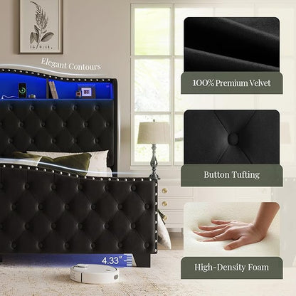 Belffin Queen Size Bed Frame and Headboard, 50.9" Velvet Upholstered Wingback Bedframe with LED Lights & Storage/Charging Station, Button Tufted Tall Footboard, No Box Spring Needed, Noise-Free, Black
