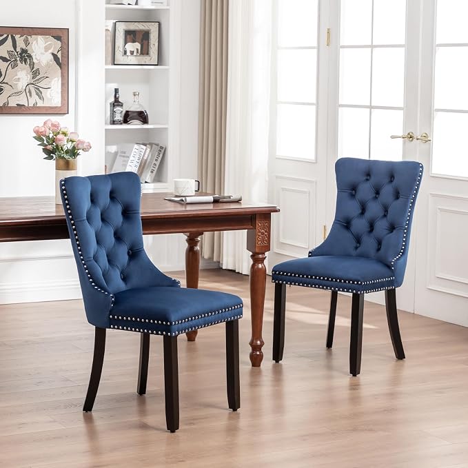 Hixkol Velvet Dining Chairs Set of 2,Upholstered Dining Chairs with Ring Pull Trim and Button Back,Modern Seating for Kitchen, Bedroom & Living Room(Blue)