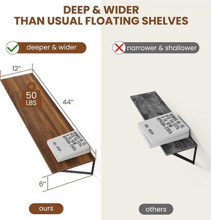 Heimlove 12 Inch Deep Floating Shelves for Wall, 44W x 12D Wood Wall Shelves Set of 2, Walnut Wide Floating Bookshelf for Living Room, Kitchen, Office, Bedroom, with Black Metal Bracke - Walnut