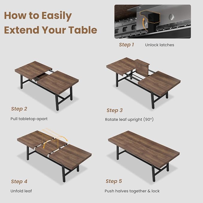 GarveeHome 63-83" Extendable Dining Table, Industrial Rectangular Dining Room Table for 6-8 People, Expandable Kitchen Table with Heavy Duty Metal Frame for Dining Room, Kitchen & Parties, Brown