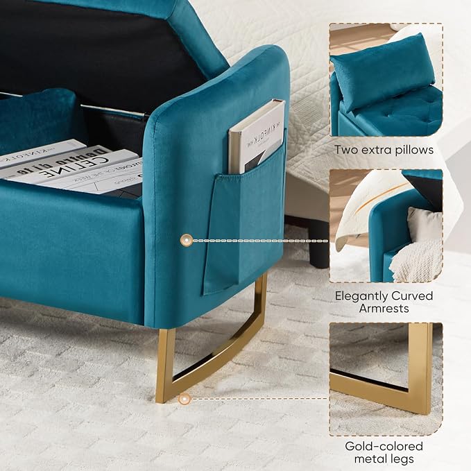 48" End of Bed Bench, Modern Storage Benches with Button-Tufted, Velvet Upholstered Storage Ottoman Bench for Foot of Bed with Arms, Gold Legs Window and Entryway, Vintage Green