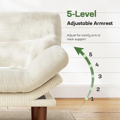 Marsail 75" Futon Sofa Bed, Convertible Corduroy Futon Couch with Adjustable Backrest & Armrests, Small Sleeper Sofa Loveseat for Living Room, Apartment, White