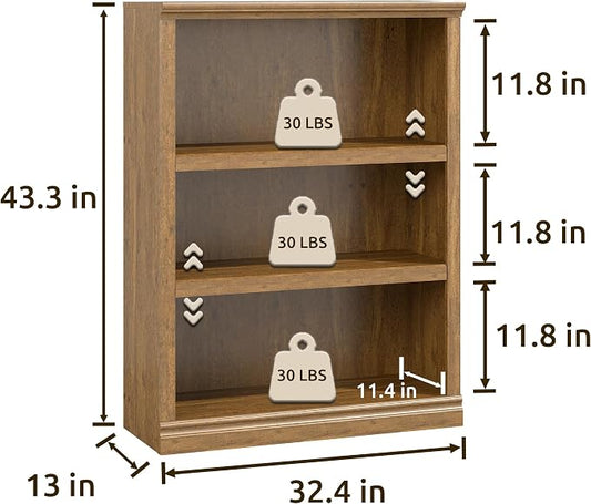 Bevfint 43 in Tall Bookcase, 3-Tier Bookshelf Open Storage, 33 inch Wide Floor Standing Indoor Furniture, Book Cases for Home School Library Office Bedroom Kids, Vintage Oak 3 Tiers