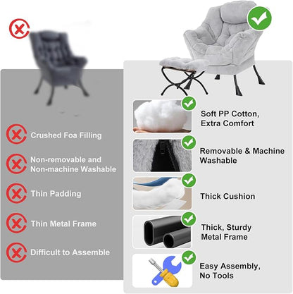 Furlide Lazy Chair with Ottoman, Modern Accent Chair with Armrests and a Side Pocket, Plush Grey Accent Chairs, Reading Chairs, Oversized Armchairs for Bedroom, Study, Living Room, Courtyard