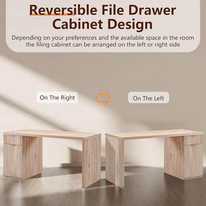 60" Fluted Office Home Desk, Reversible Left‑Right Cabinet, Built‑in Outlet | Reversible design lets you fix the cabinet on left‑hand or right‑hand side to fit your room layout