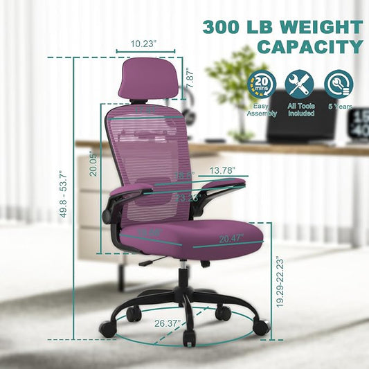 Mimoglad Office Chair, High Back Ergonomic Desk Chair with Adjustable Lumbar Support and Headrest, with flip-up Armrests for Guitar Playing, 5 Years Warranty (Modern, Orchid(Black Frame))