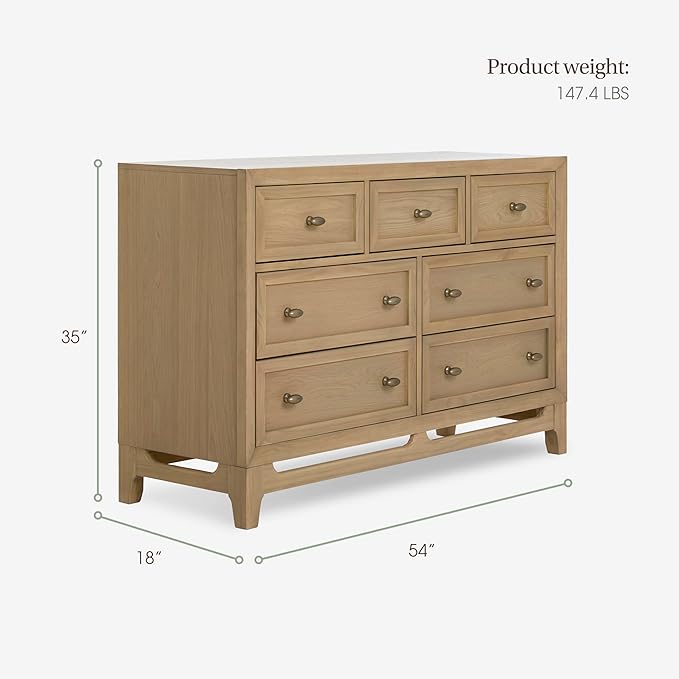 Evolur Bradford 7-Drawer Double Dresser – Nursery & Kids Bedroom Storage Organizer, Pine Wood Baby Changing Dresser, Smooth Glide Drawers - Alpine Oak