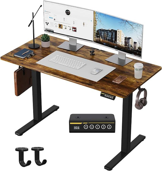Electric Standing Desk,48x24 Inches Adjustable Height Stand up Desk, Sit Stand Home Office Desk with Splice Board, 3 Preset Heights,Equipped with Hooks,Ergonomic Computer Workstation，Brown