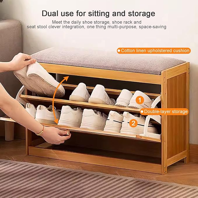 Entryway Storage Bench with Cushioned Seat Shoe Rack, 2-Tier Wooden Shoe Organizer Cabinet for Closet, Entryway, Hallway, Bedroom (Wood Color-50 x 24 x 44 cm