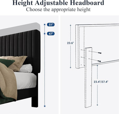 Allewie King Platform Bed Frame, Velvet Upholstered with Adjustable Vertical Channel Tufted Headboard, Mattress Foundation with Strong Wooden Slats, Box Spring Optional, Easy Assembly, Black