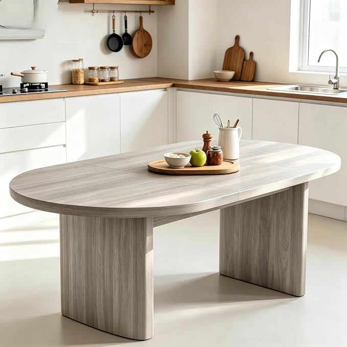 IDEALHOUSE 70.8" Oval Dining Table for 4-8, Wood Kitchen Table with Double Pedestal Base, Spacious Dining Room Table for Kitchen, Living Room, Reception Area, Natural Finish, Gray
