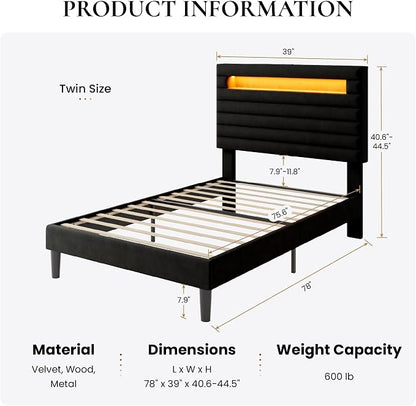 SHA CERLIN Twin Bed Frame with LED Light & 2-Tier Storage Shelf, Velvet Upholstered Adjustable Headboard with Charing Station, Horizontal Channel Tufted, No Box Spring Needed, Easy Assembly, Black