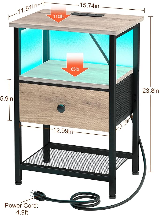 LOAKEKEL Nightstand with Charging Station, End Table with Fabric Drawer, LED Night Stand for Bedroom, Small Bed Side Table with USB Ports and Outlets, Grey, HETS01GY-1