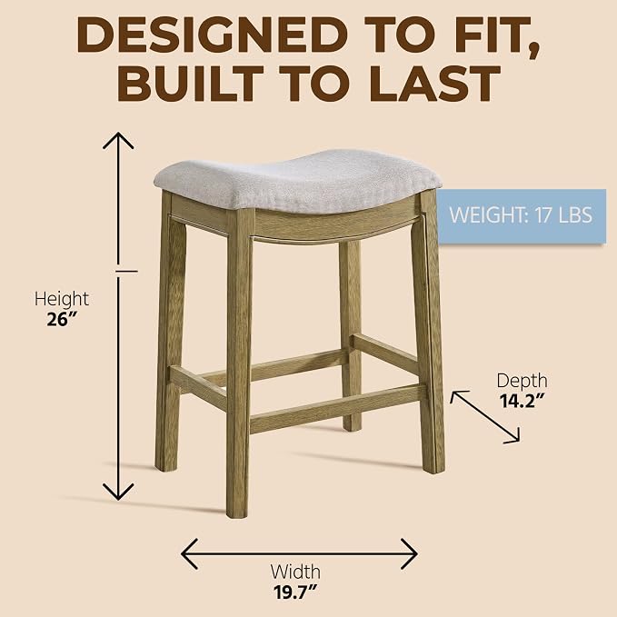ROME + OAK Set of 2 Parker 26 Inch Counter Stool, Backless Saddle Kitchen Barstool in Natural Finish with Cream Fabric Upholstery Cushion Seat