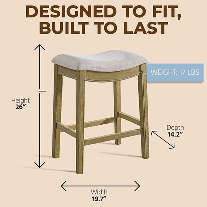 ROME + OAK Set of 2 Parker 26 Inch Counter Stool, Backless Saddle Kitchen Barstool in Natural Finish with Cream Fabric Upholstery Cushion Seat