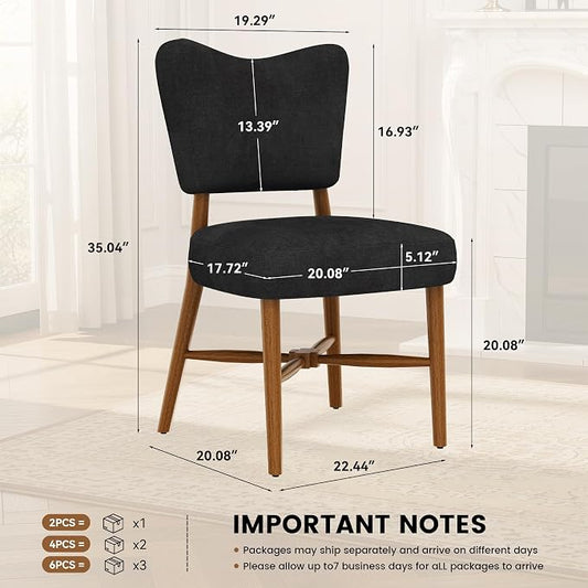 Mid Century Dining Chairs Set of 4, Linen Seat, Wood Legs, Black | Farmhouse, Upholstered Padded Cushion, Solid Wood Cross-Brace, Easy 15-Min Assembly, Kitchen Dining Room