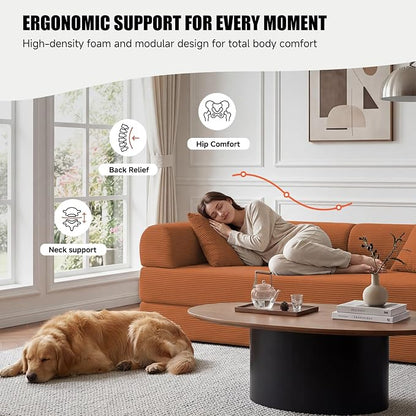 79" Convertible Sleeper Sofa Bed, Corduroy Boneless Fold-Out Couch in a Box, 4-in-1 Loveseat/Futon Couch, High-Density Foam, No Assembly, Side Pockets, 2 Pillows for Small Spaces, Orange