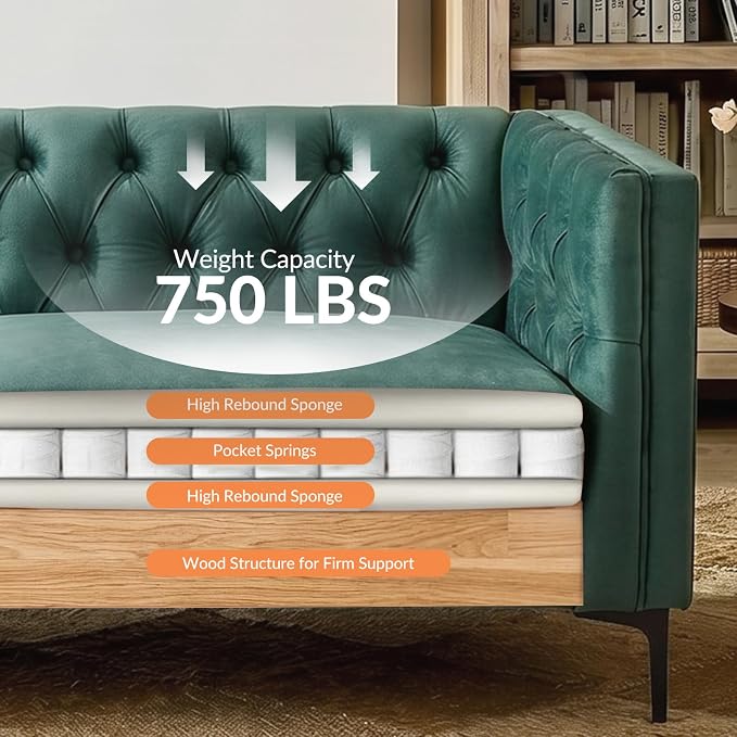 HULALA HOME 84" W Faux Leather Sofa Couch with Metal Legs, Button-Tufted 3-Seater Sofa, Mid Century Modern Contemporary Upholstered Couch for Living Room, Entertainment Area, Apartment,Green