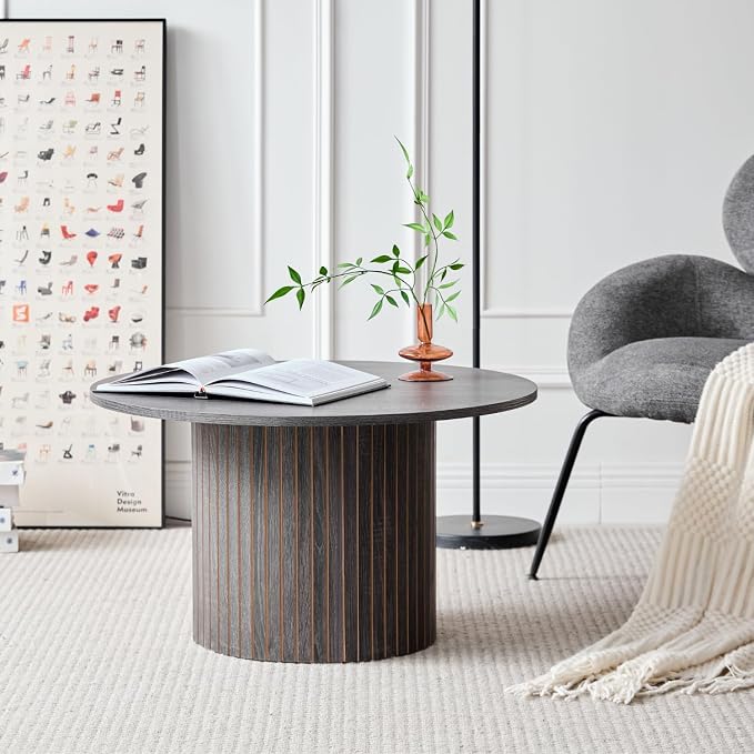 Round Nesting Coffee Tables for Living Room, Set of 2, Black | φ27.6 + φ15.8 Boho Small Circle Side Tables, Fluted Drum Design Wood Grain Finish Minimalist Modern End Table, Small Spaces