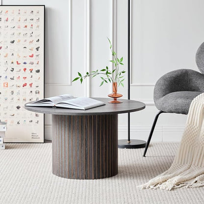 Round Nesting Coffee Tables for Living Room, Set of 2, Black | φ27.6 + φ15.8 Boho Small Circle Side Tables, Fluted Drum Design Wood Grain Finish Minimalist Modern End Table, Small Spaces