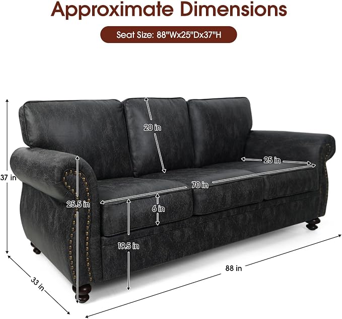 Couchus Mid-Century Vintage Sofa Couches with Rivet Design,3-Seater Sofa,Removable Sofa Cover Upholstered Cushions and Solid Wood Frame (Grey, 3-Seater)