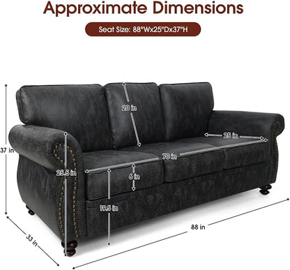 Couchus Mid-Century Vintage Sofa Couches with Rivet Design,3-Seater Sofa,Removable Sofa Cover Upholstered Cushions and Solid Wood Frame (Grey, 3-Seater)