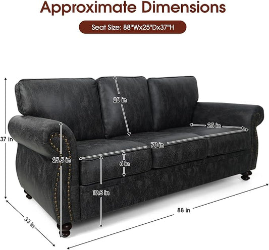 Couchus Mid-Century Vintage Sofa Couches with Rivet Design,3-Seater Sofa,Removable Sofa Cover Upholstered Cushions and Solid Wood Frame (Grey, 3-Seater)