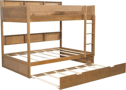 Harper & Bright Designs Rustic Wood Bunk Bed with Pull-Out Trundle, Twin Over Twin Wooden Bunk Bed with Large Cabinet Beside Upper and Down Bed, Wood