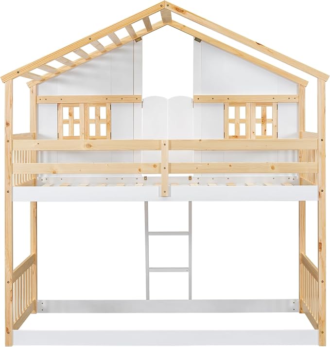 Twin over Twin House Bunk Bed with Roof,Windows,Door,Window Boxes,Safety Guardrails & Ladder,Pine Wood Frame,Low-Height Kids Bunk Beds for Bedrooms,Playful Loft Bed with Easy Assembly, Natural+White