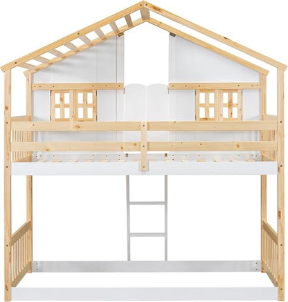 Twin over Twin House Bunk Bed with Roof,Windows,Door,Window Boxes,Safety Guardrails & Ladder,Pine Wood Frame,Low-Height Kids Bunk Beds for Bedrooms,Playful Loft Bed with Easy Assembly, Natural+White