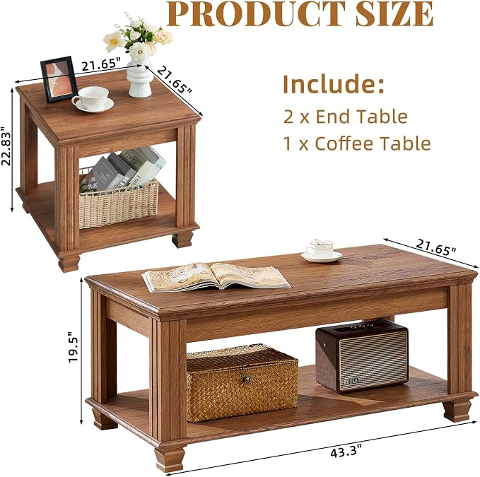 SAVOR LIFE Farmhouse Coffee Table Set of 3, Rustic Wood 3 Piece Coffee and End Table Sets with Open Shelf for Living Room, Brown