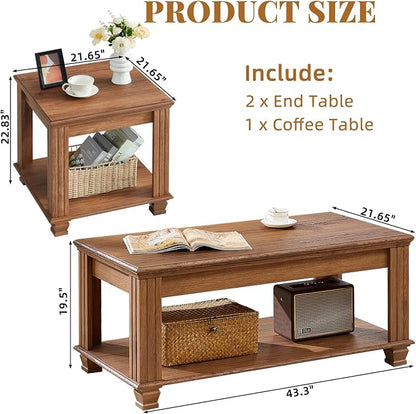 SAVOR LIFE Farmhouse Coffee Table Set of 3, Rustic Wood 3 Piece Coffee and End Table Sets with Open Shelf for Living Room, Brown