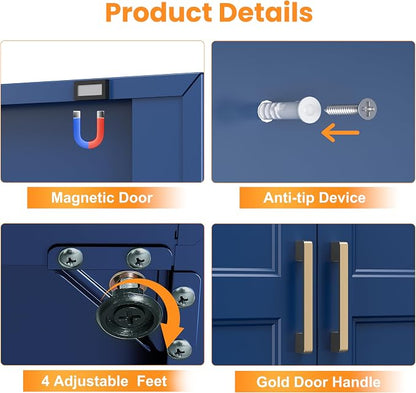 71" Metal Pantry Cabinet,Storage Cabinet with Doors and Shelves | Metal Storage Cabinet,Gold Handles,Adjustable Shelves,Magnetic Doors,Leveling Feet,Anti-tipping,for Kitchen/Garage Blue