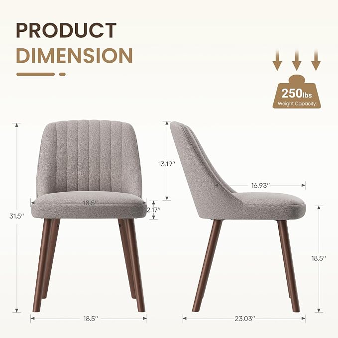 MALOL Upholstered Dining Chairs Set of 2, Modern Fabric Kitchen Chairs with Back, Wood Legs for Kitchen Dining Room Restaurant, Taupe